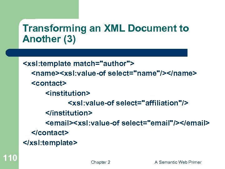 Transforming an XML Document to Another (3) <xsl: template match="author"> <name><xsl: value-of select="name"/></name> <contact>
