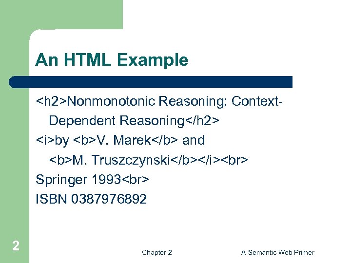 An HTML Example <h 2>Nonmonotonic Reasoning: Context. Dependent Reasoning</h 2> <i>by <b>V. Marek</b> and