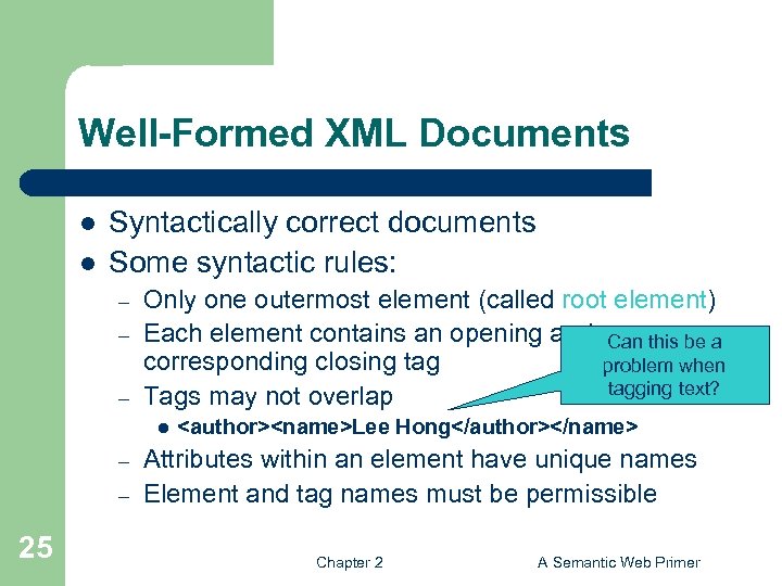 Well-Formed XML Documents l l Syntactically correct documents Some syntactic rules: – – –