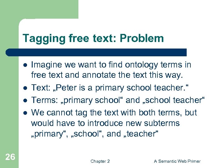 Tagging free text: Problem l l 26 Imagine we want to find ontology terms