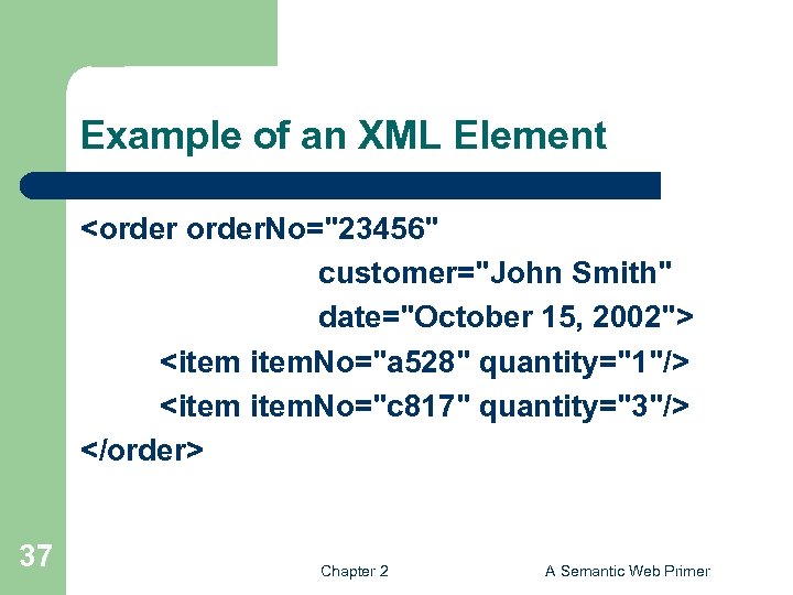 Example of an XML Element <order. No="23456" customer="John Smith" date="October 15, 2002"> <item. No="a