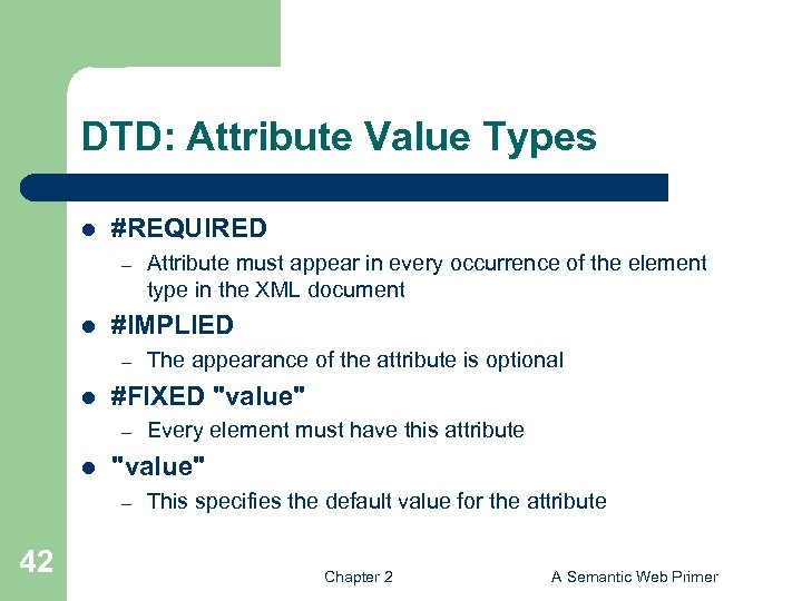 DTD: Attribute Value Types l #REQUIRED – l #IMPLIED – l Every element must