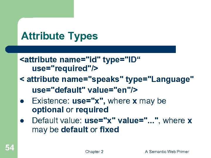 Attribute Types <attribute name="id" type="ID“ use="required"/> < attribute name="speaks" type="Language" use="default" value="en"/> l Existence: