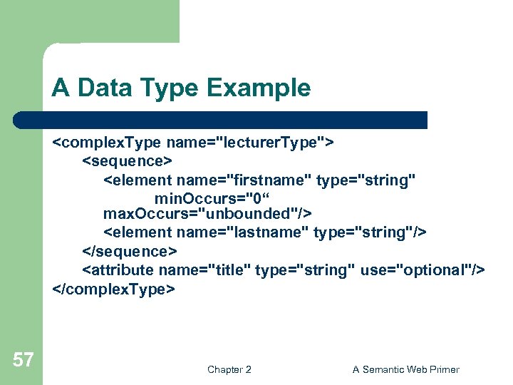 A Data Type Example <complex. Type name="lecturer. Type"> <sequence> <element name="firstname" type="string" min. Occurs="0“
