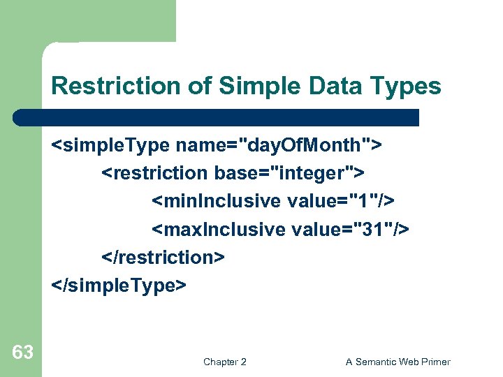 Restriction of Simple Data Types <simple. Type name="day. Of. Month"> <restriction base="integer"> <min. Inclusive