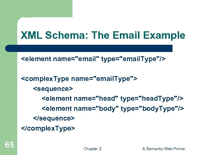 XML Schema: The Email Example <element name="email" type="email. Type"/> <complex. Type name="email. Type"> <sequence>