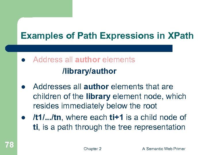 Examples of Path Expressions in XPath l Address all author elements /library/author l Addresses