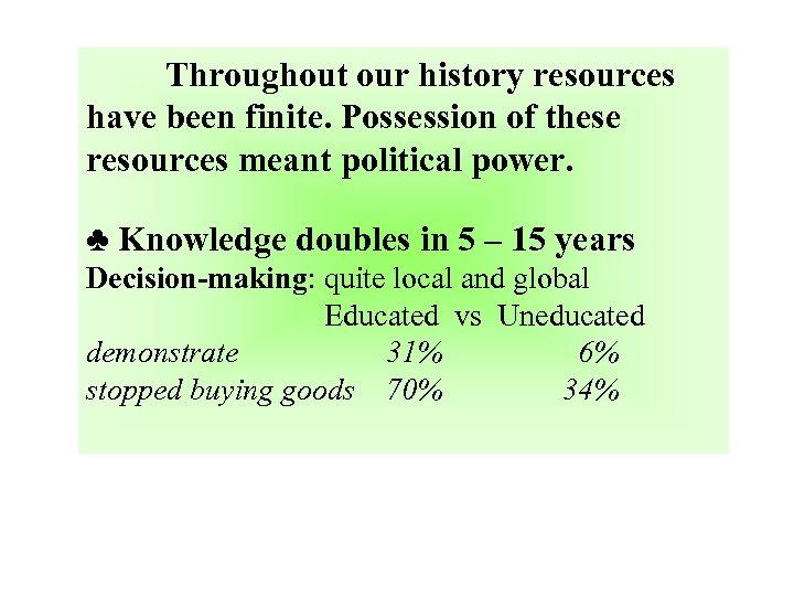 Throughout our history resources have been finite. Possession of these resources meant political power.
