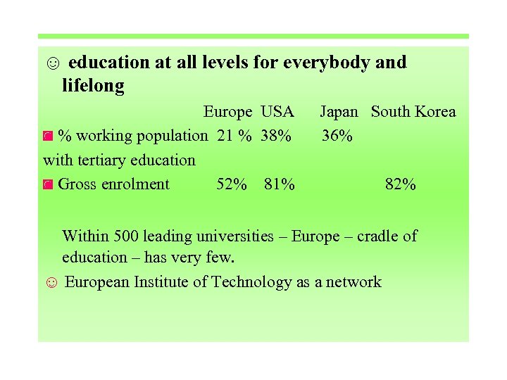 ☺ education at all levels for everybody and lifelong Europe USA ◙ % working