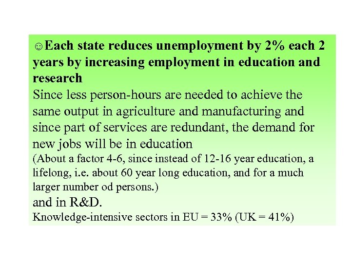☺Each state reduces unemployment by 2% each 2 years by increasing employment in education