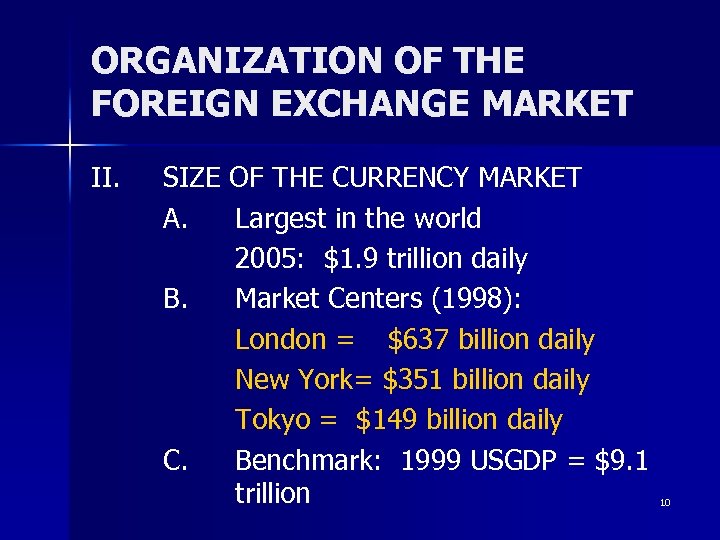 ORGANIZATION OF THE FOREIGN EXCHANGE MARKET II. SIZE OF THE CURRENCY MARKET A. Largest