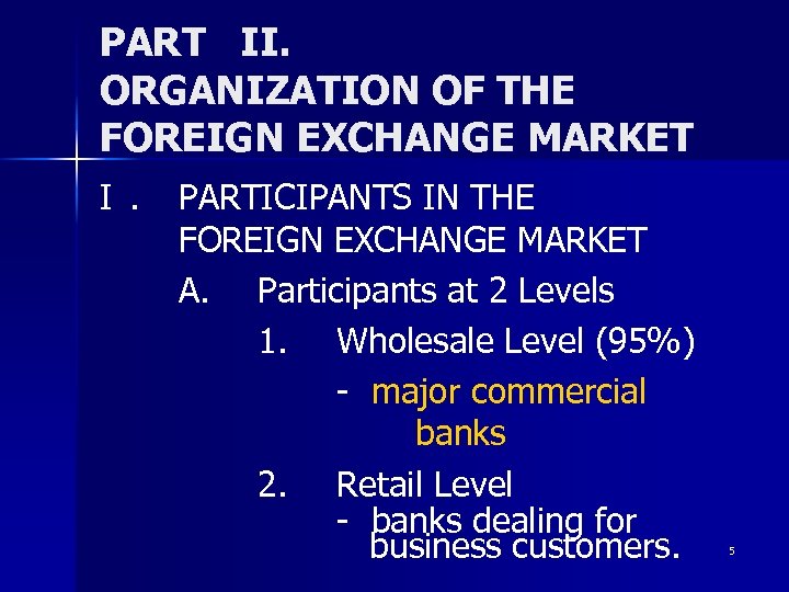 PART II. ORGANIZATION OF THE FOREIGN EXCHANGE MARKET I. PARTICIPANTS IN THE FOREIGN EXCHANGE