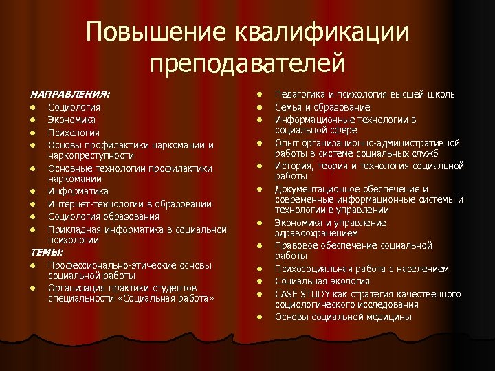 Повышение квалификации преподавателей НАПРАВЛЕНИЯ: l l l l l Социология Экономика Психология Основы профилактики