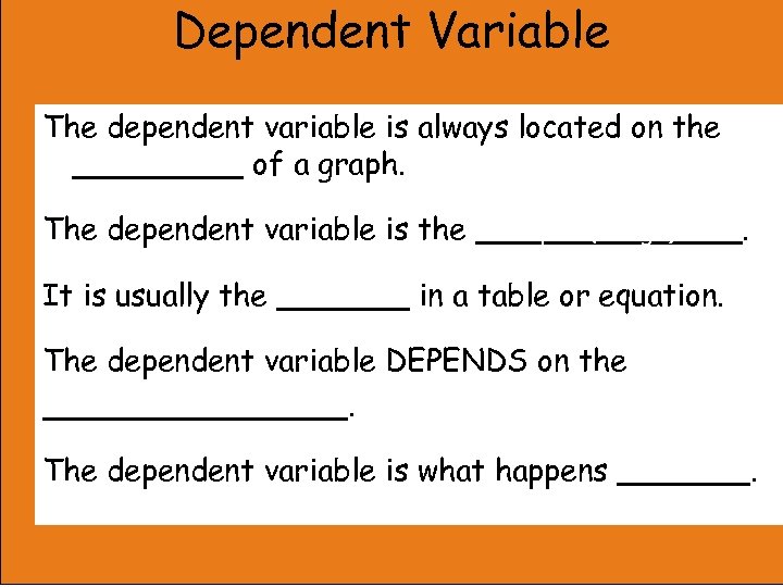 Dependent Variable The dependent variable is always located on the y-axis _____ of a