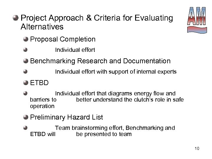 Project Approach & Criteria for Evaluating Alternatives Proposal Completion Individual effort Benchmarking Research and