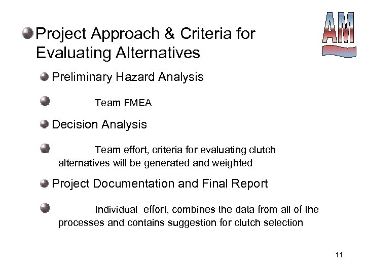 Project Approach & Criteria for Evaluating Alternatives Preliminary Hazard Analysis Team FMEA Decision Analysis