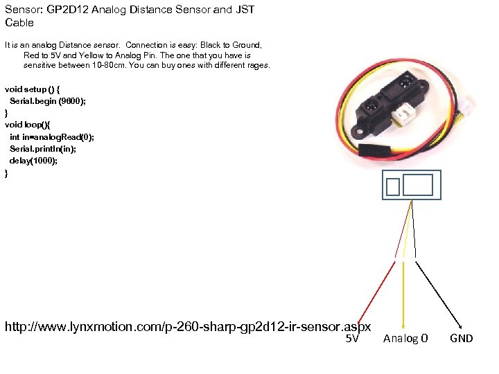 Sensor: GP 2 D 12 Analog Distance Sensor and JST Cable It is an
