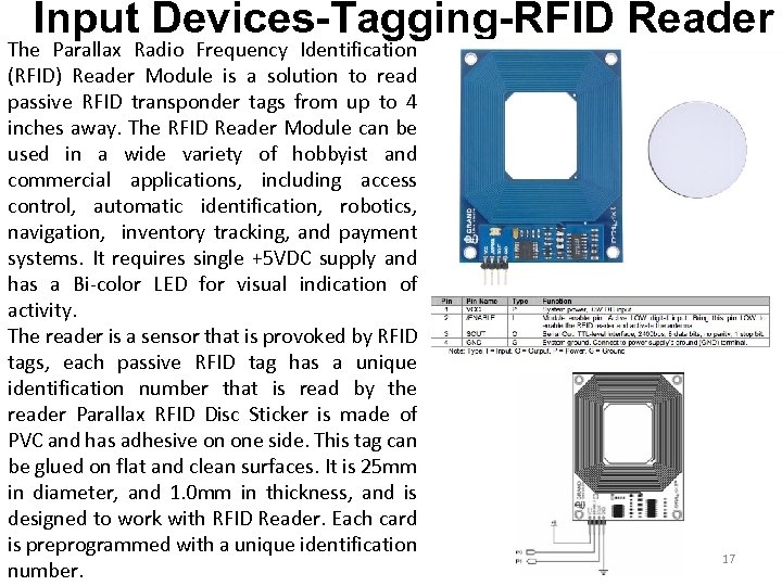 Input Devices-Tagging-RFID Reader The Parallax Radio Frequency Identification (RFID) Reader Module is a solution