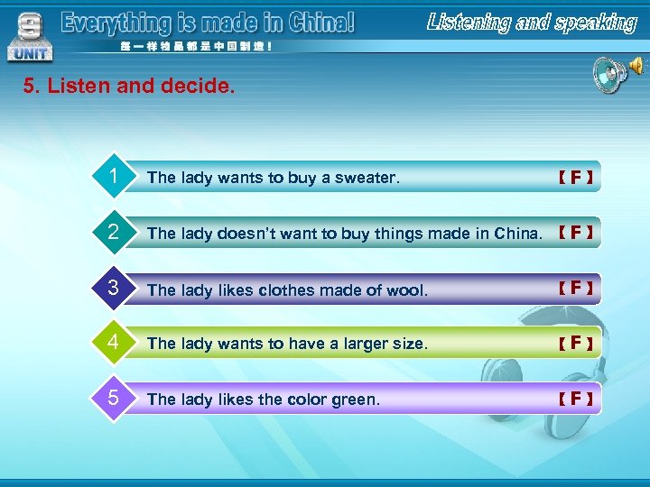 5. Listen and decide. 1 The lady wants to buy a sweater. 2 F