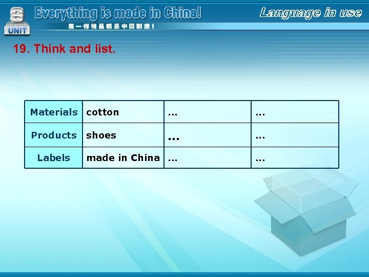 19. Think and list. Materials cotton . . . Products . . . made