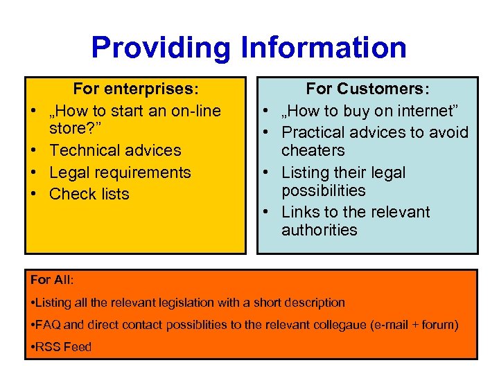 Providing Information • • For enterprises: „How to start an on-line store? ” Technical