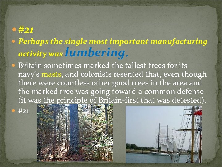  #21 Perhaps the single most important manufacturing activity was lumbering. Britain sometimes marked