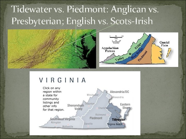 Tidewater vs. Piedmont: Anglican vs. Presbyterian; English vs. Scots-Irish 