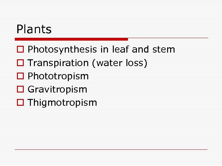 Plants o o o Photosynthesis in leaf and stem Transpiration (water loss) Phototropism Gravitropism