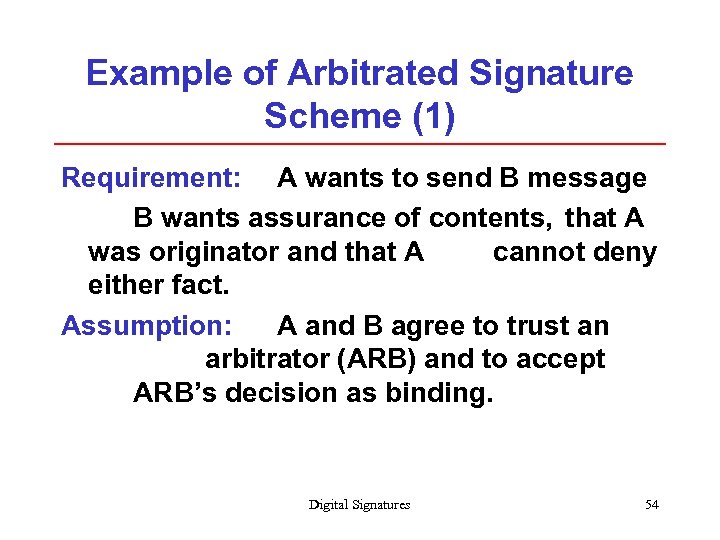 Example of Arbitrated Signature Scheme (1) Requirement: A wants to send B message B