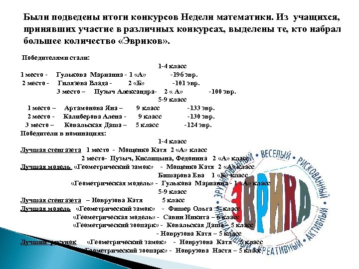Были подведены итоги конкурсов Недели математики. Из учащихся, принявших участие в различных конкурсах, выделены