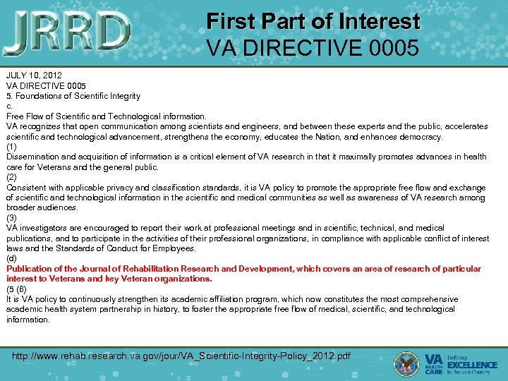 First Part of Interest VA DIRECTIVE 0005 JULY 10, 2012 VA DIRECTIVE 0005 5.