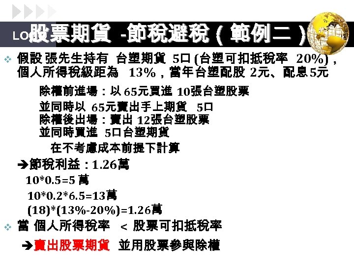 股票期貨 -節稅避稅（範例二） LOGO v 假設 張先生持有 台塑期貨 5口 (台塑可扣抵稅率 20%)， 個人所得稅級距為 13%，當年台塑配股 2元、配息 5元