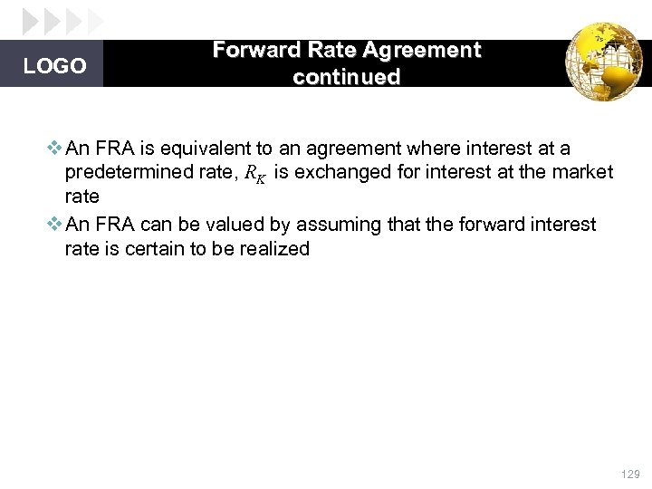 LOGO Forward Rate Agreement continued v An FRA is equivalent to an agreement where