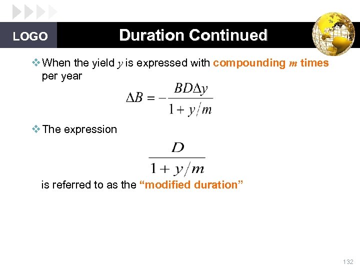 LOGO Duration Continued v When the yield y is expressed with compounding m times