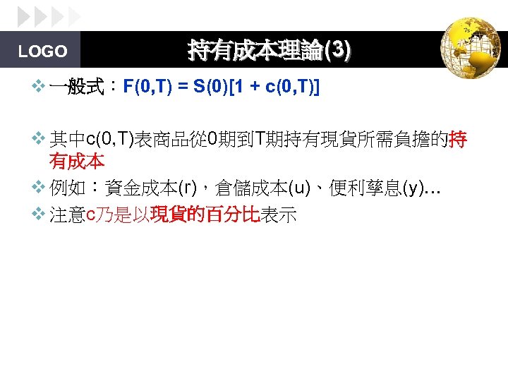 LOGO 持有成本理論(3) v 一般式：F(0, T) = S(0)[1 + c(0, T)] v 其中c(0, T)表商品從 0期到T期持有現貨所需負擔的持
