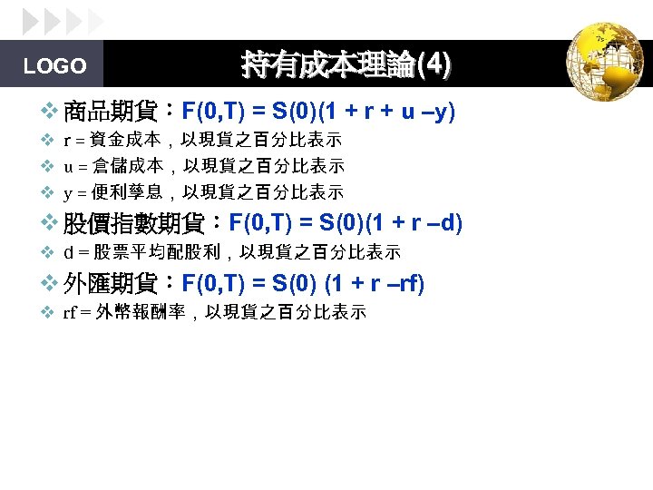 LOGO 持有成本理論(4) v 商品期貨：F(0, T) = S(0)(1 + r + u –y) v r