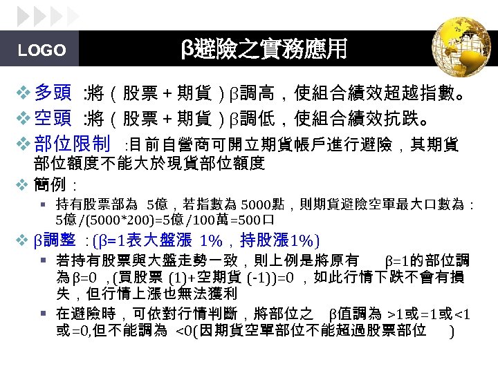 LOGO β避險之實務應用 v 多頭 ： 將（股票＋期貨）β調高，使組合績效超越指數。 v 空頭 ： 將（股票＋期貨）β調低，使組合績效抗跌。 v 部位限制 ： 目前自營商可開立期貨帳戶進行避險，其期貨