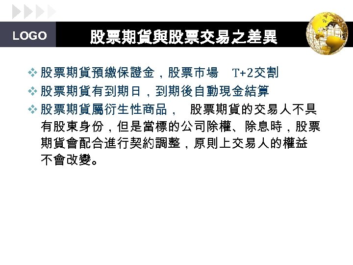 LOGO 股票期貨與股票交易之差異 v 股票期貨預繳保證金，股票市場 T+2交割 v 股票期貨有到期日，到期後自動現金結算 v 股票期貨屬衍生性商品， 股票期貨的交易人不具 有股東身份，但是當標的公司除權、除息時，股票 期貨會配合進行契約調整，原則上交易人的權益 不會改變。 