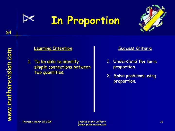In Proportion www. mathsrevision. com S 4 Learning Intention Success Criteria 1. To be
