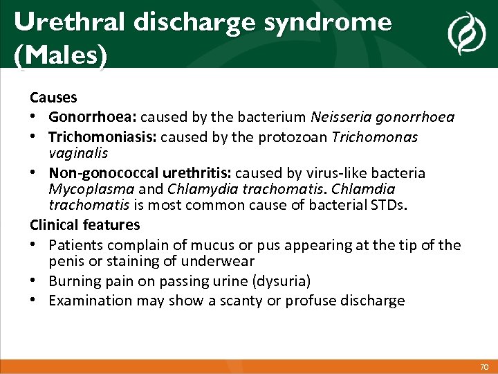 Urethral discharge syndrome (Males) Causes • Gonorrhoea: caused by the bacterium Neisseria gonorrhoea •