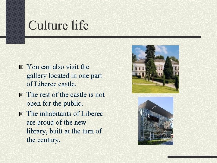 Culture life You can also visit the gallery located in one part of Liberec