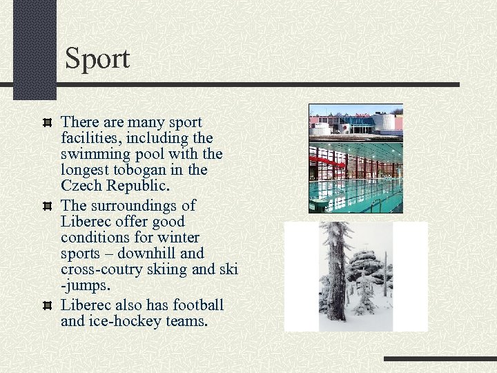 Sport There are many sport facilities, including the swimming pool with the longest tobogan