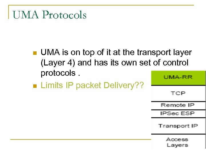 UMA Protocols n n UMA is on top of it at the transport layer