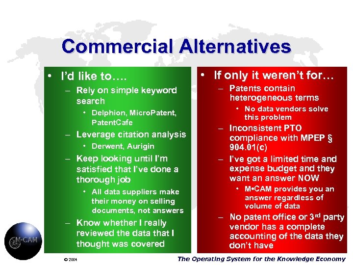 Commercial Alternatives • If only it weren’t for… • I’d like to…. – Patents