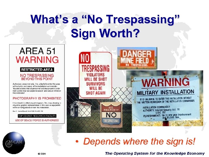 What’s a “No Trespassing” Sign Worth? • Depends where the sign is! © 2004
