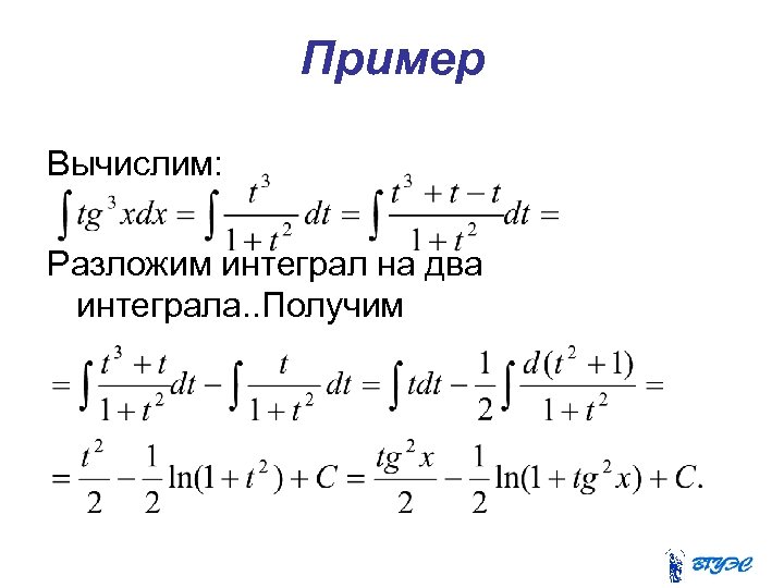 Пример Вычислим: Разложим интеграл на два интеграла. . Получим 