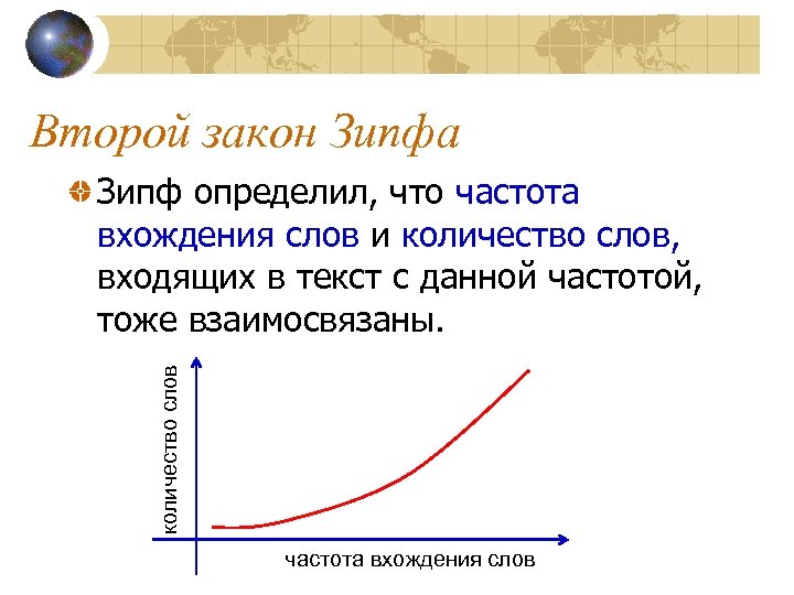 Второй закон Зипфа количество слов Зипф определил, что частота вхождения слов и количество слов,