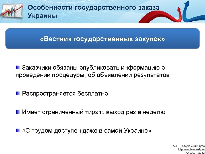 Особенности государственного заказа Украины «Вестник государственных закупок» Заказчики обязаны опубликовать информацию о проведении процедуры,