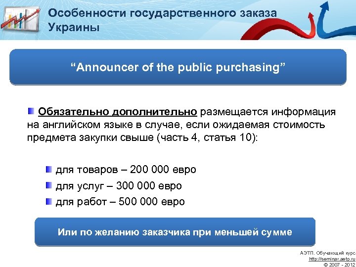 Особенности государственного заказа Украины “Announcer of the public purchasing” Обязательно дополнительно размещается информация на