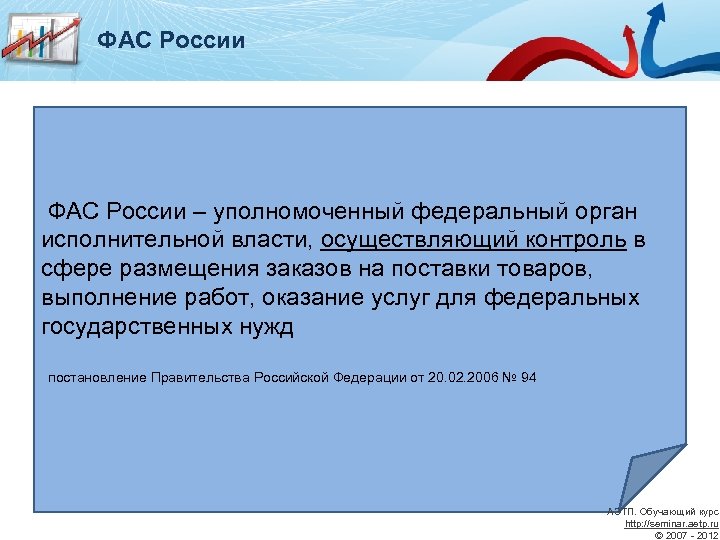ФАС России – уполномоченный федеральный орган исполнительной власти, осуществляющий контроль в сфере размещения заказов